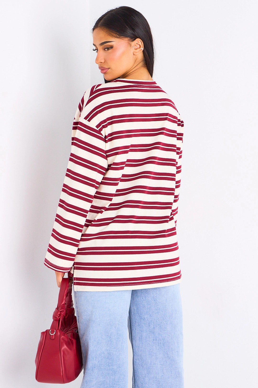 T-shirt manches longues à rayures bordeaux et beiges