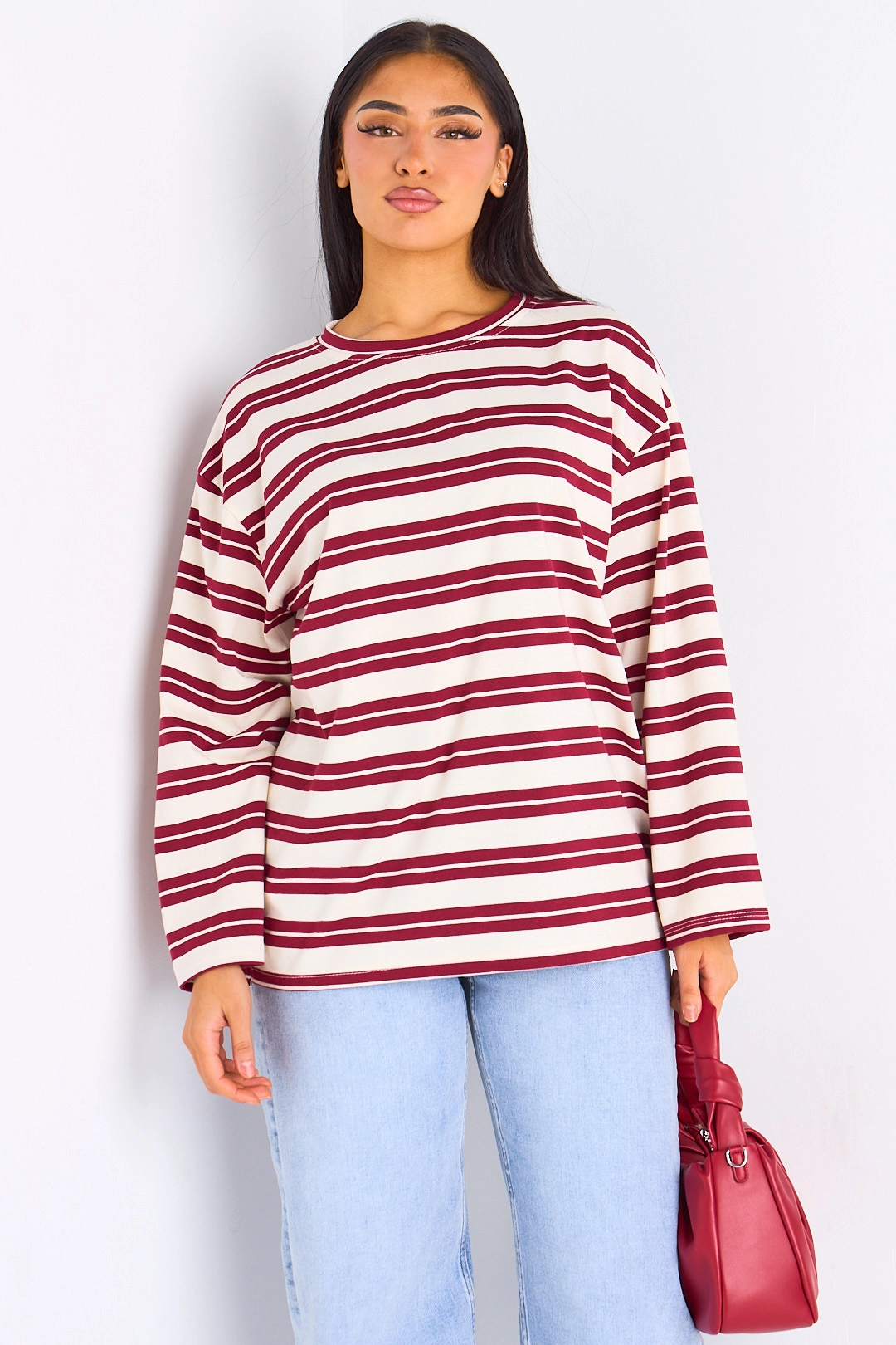 T-shirt manches longues à rayures bordeaux et beiges