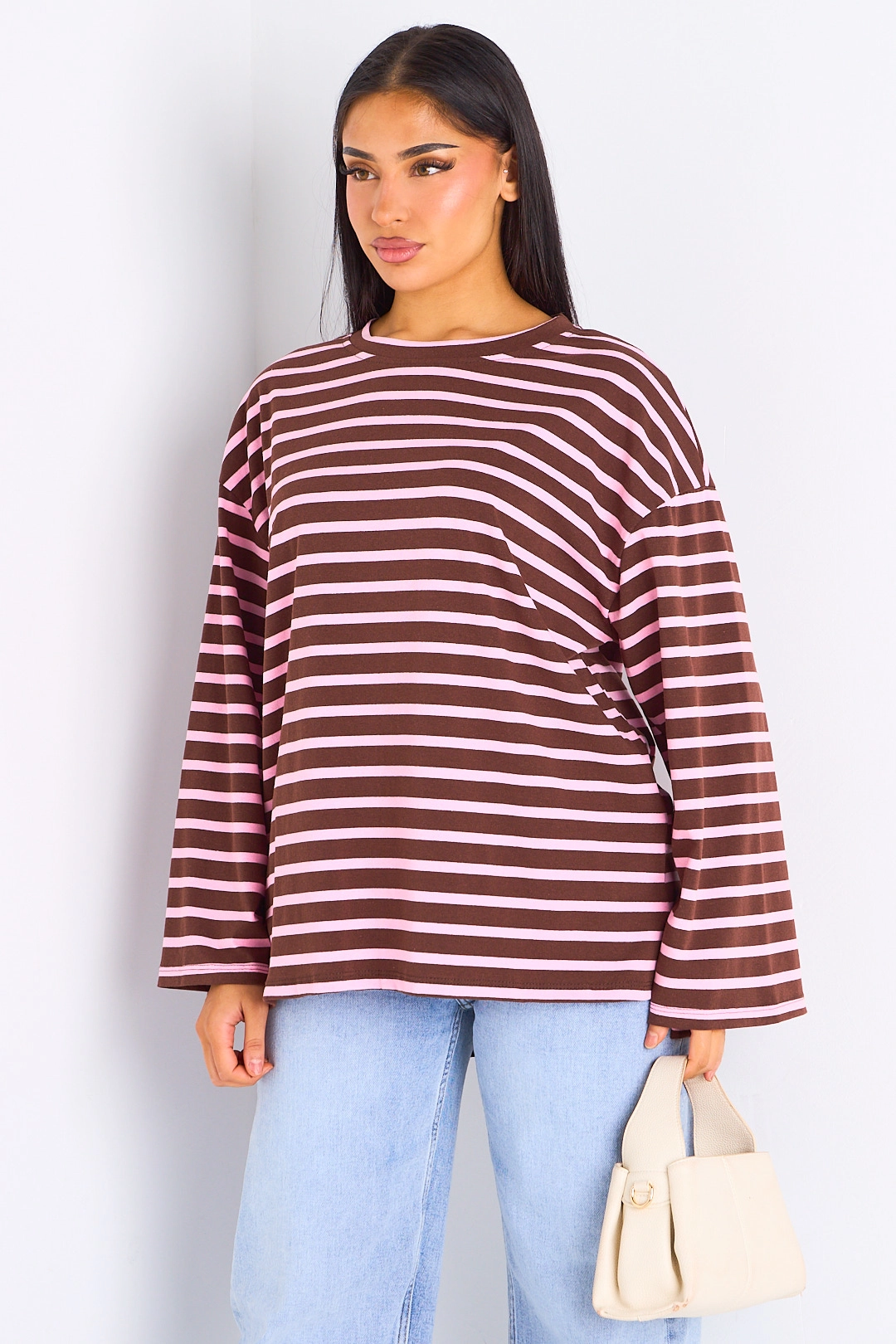T-shirt manches longues à rayures marron et roses