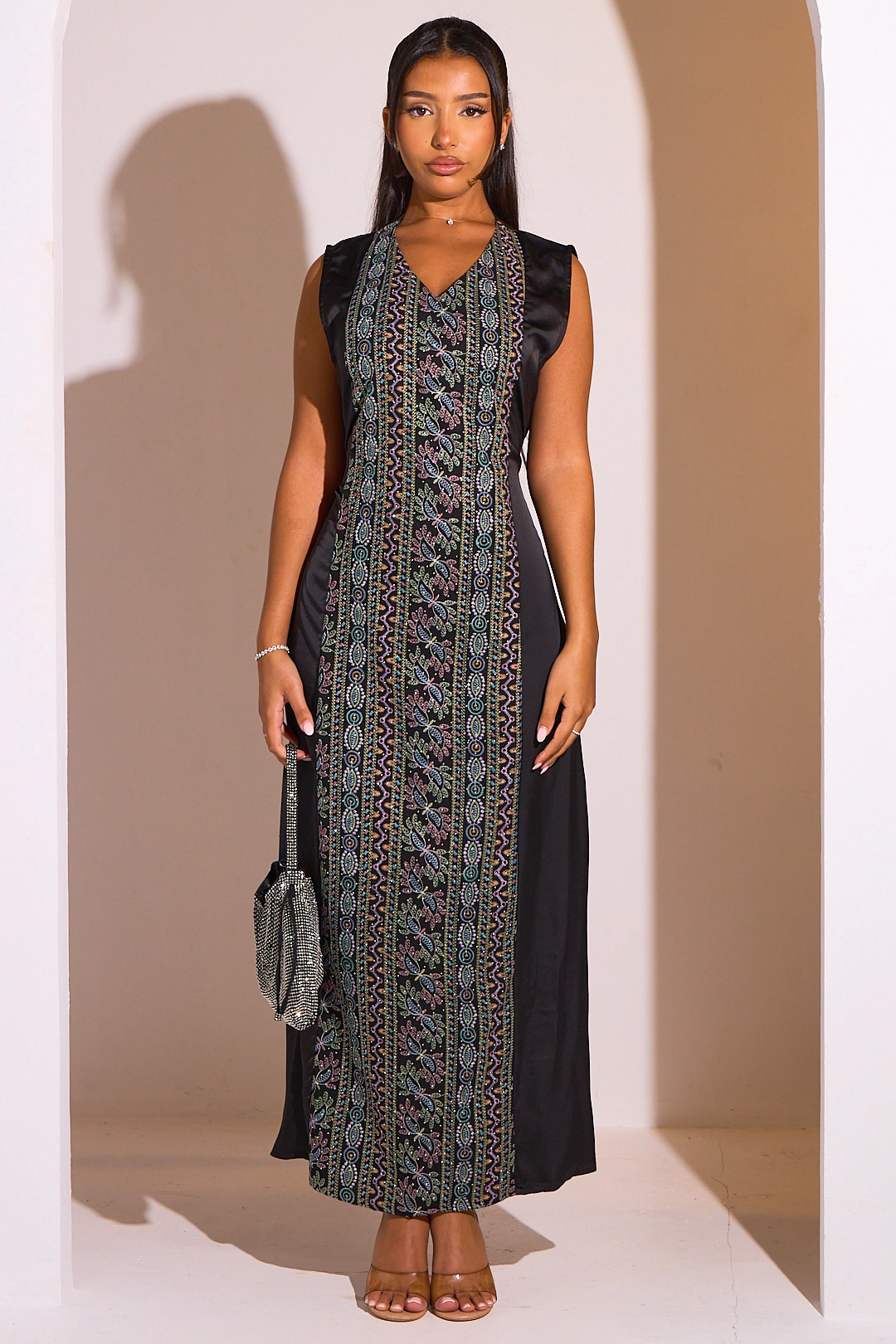 Ensemble 2 pièces : abaya + kimono noir à motif géométrique