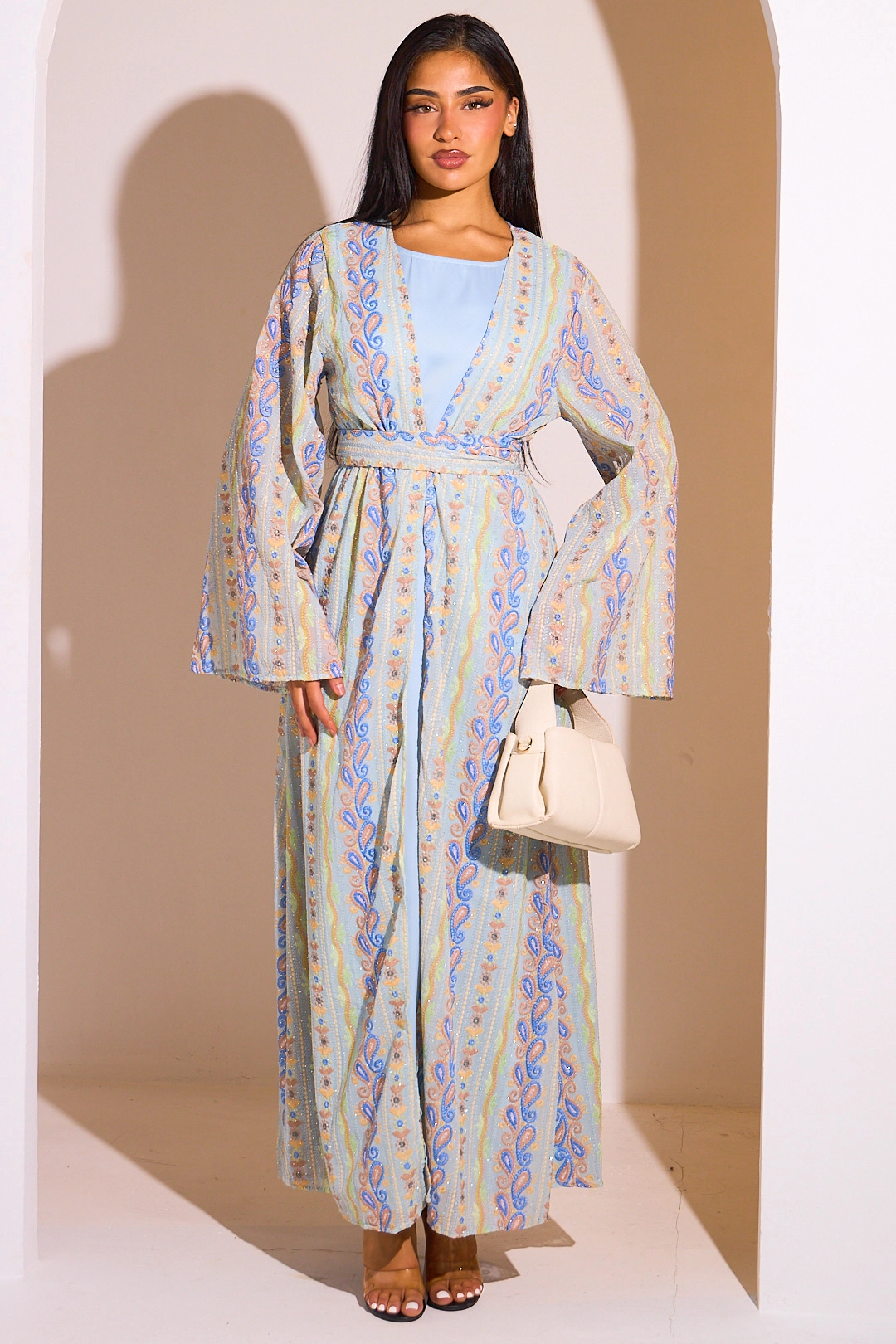 Ensemble 2 pièces : abaya + kimono bleu colorés