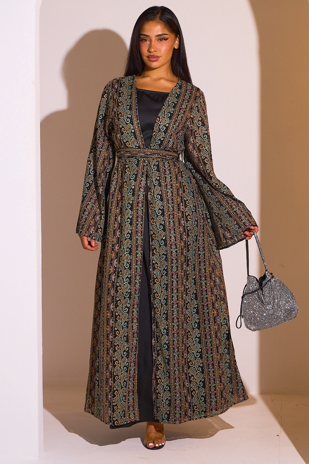 Ensemble 2 pièces : abaya + kimono noir colorés