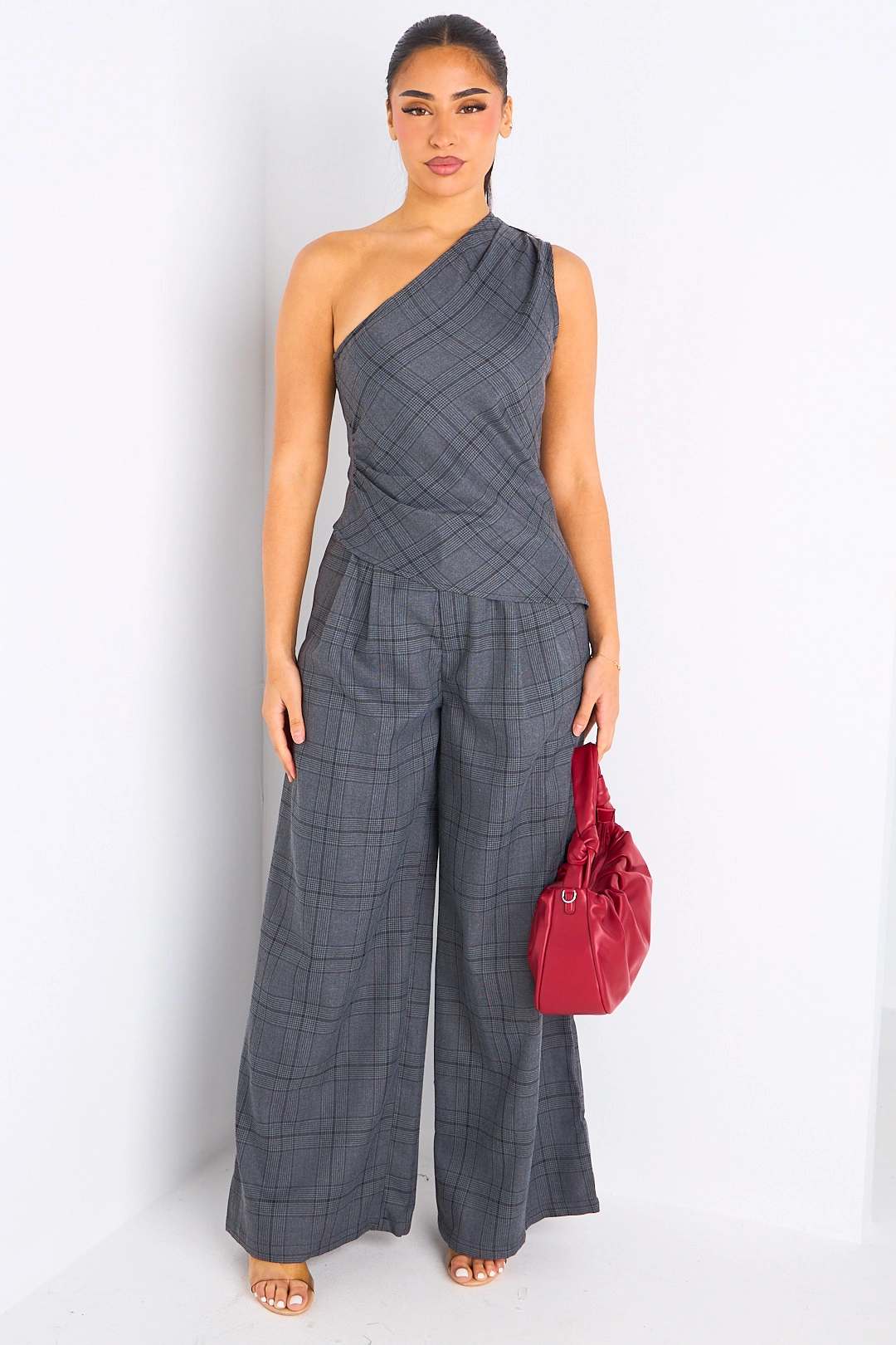 Ensemble deux pièces gris à carreaux haut one shoulder + pantalon coupe wide leg