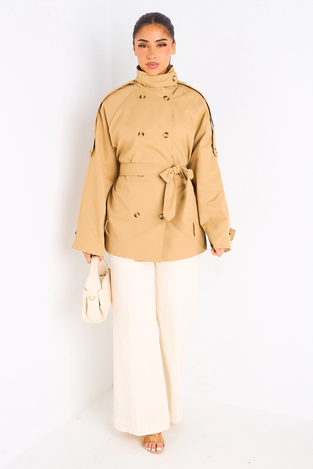 Manteau camel ceinturé à col rabat