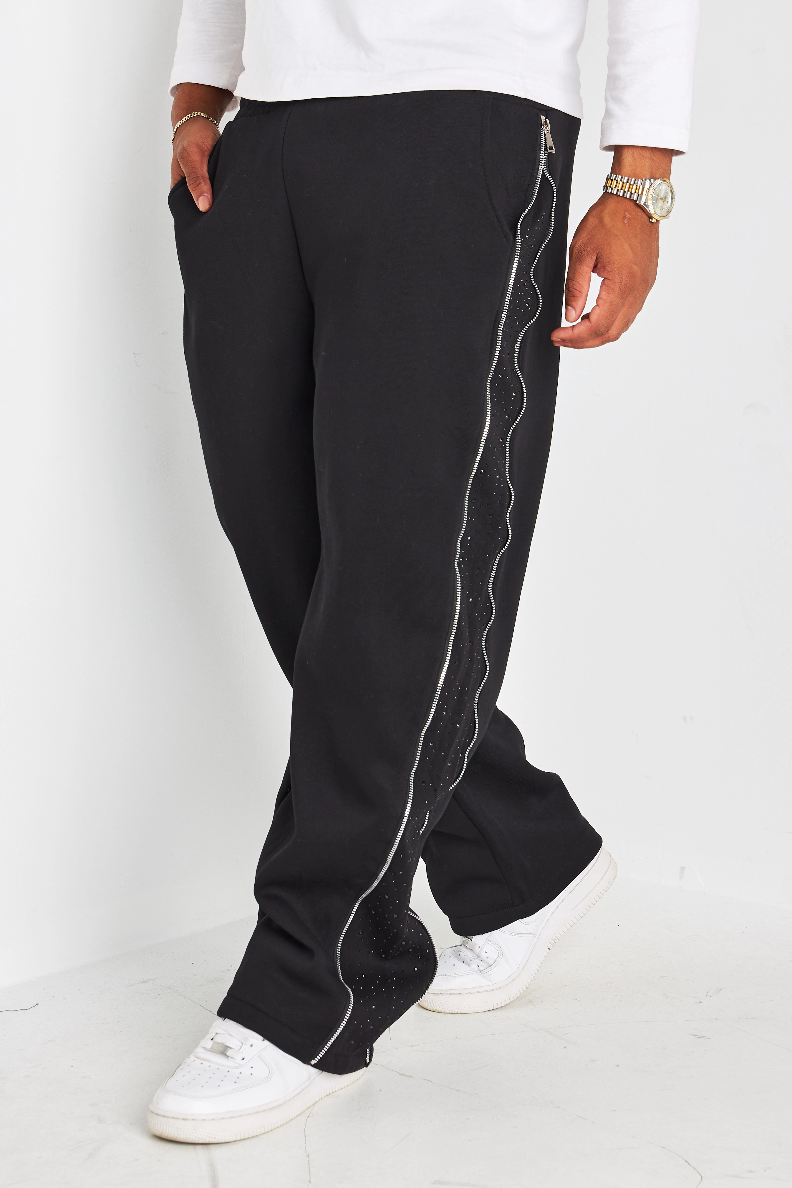 Jogging noir à empiècements strass et zip