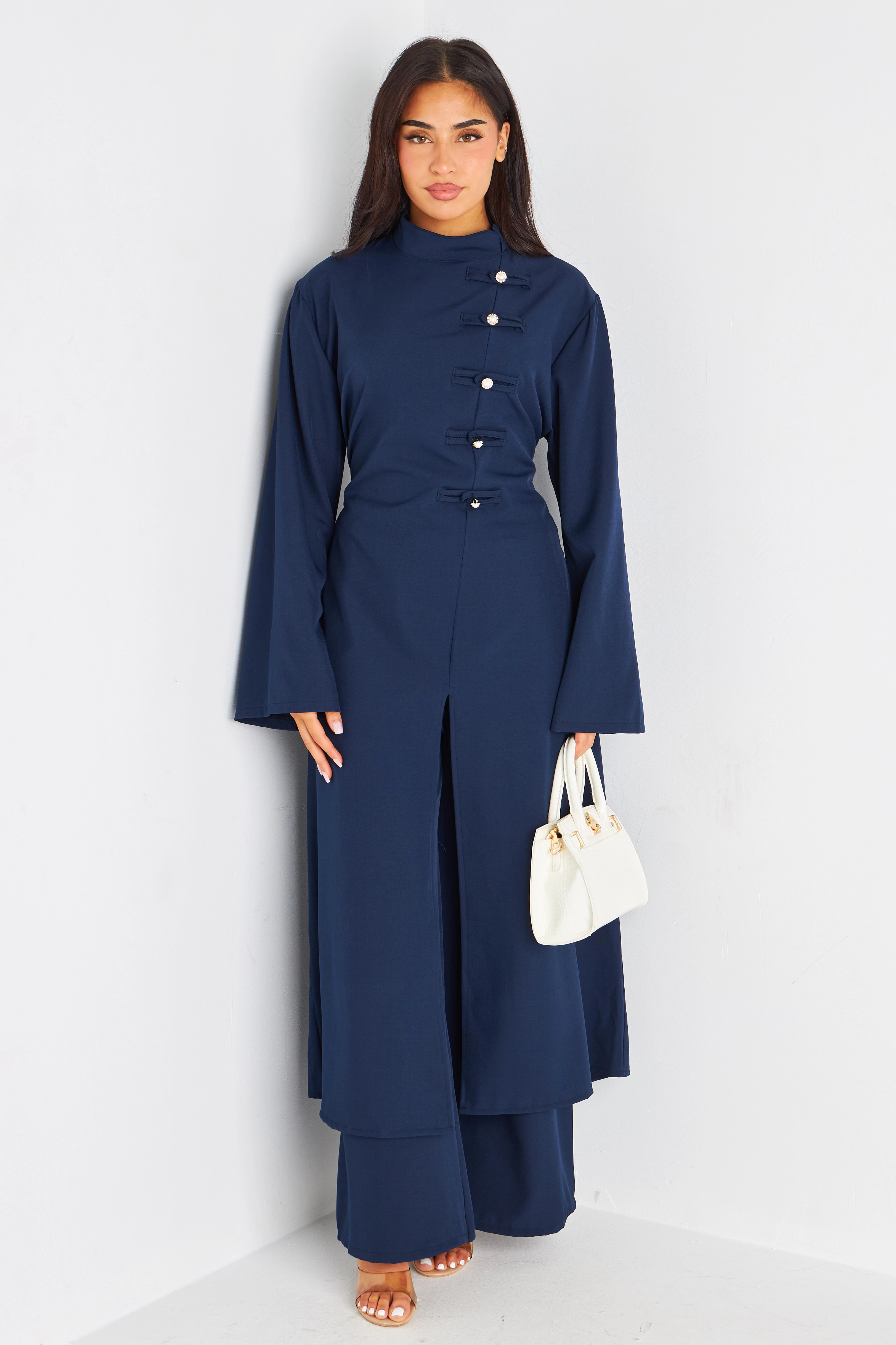 Ensemble deux pièces bleu marine blouse longue + pantalon coupe droite